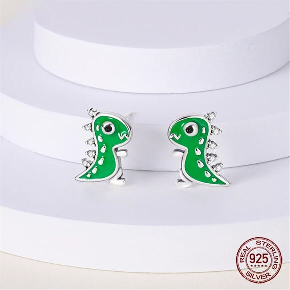 Green Dinosaur Sterling Silver Stud Earrings with Sparkling Zircons S925 - Picture 3 of 4